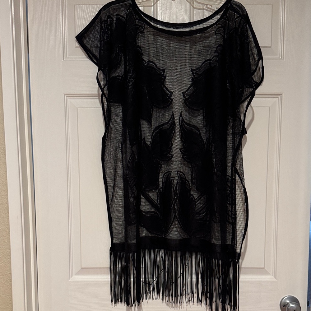 NWT Black Sheer Fringe Cover-Up